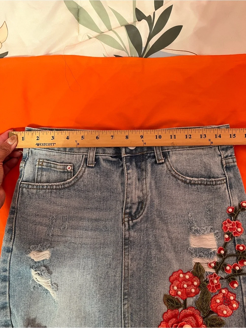 Embroidered Red Floral Distressed Denim Skirt - Women